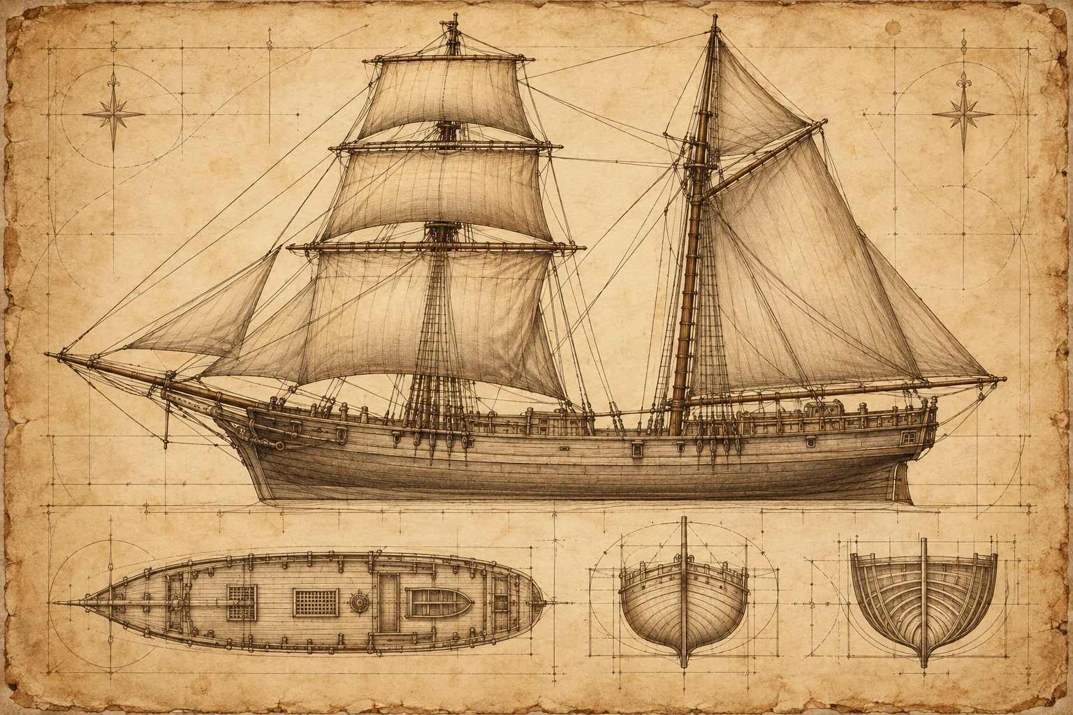 Detailed antique naval plan of a brigantine on aged parchment