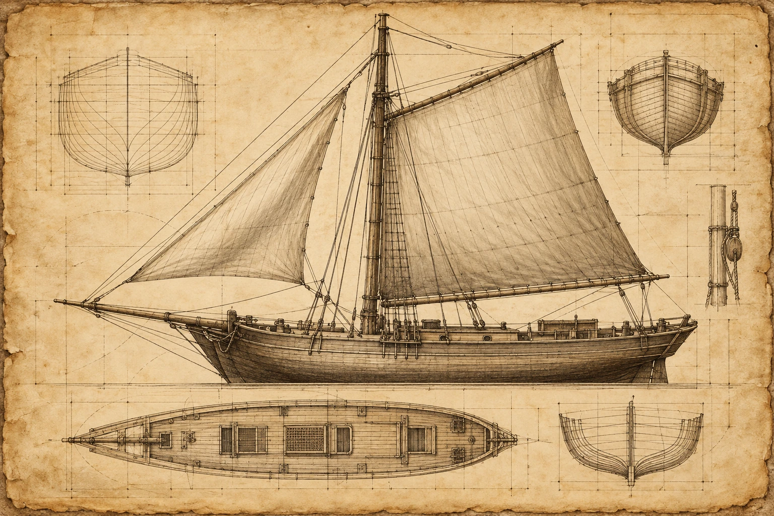Detailed antique naval plan of a sloop on aged parchment